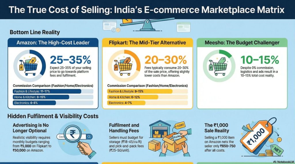 cost of selling on amazon, flipkart and meesho India