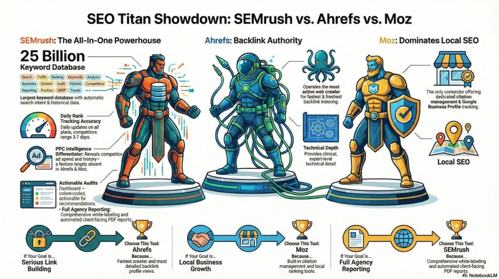 best seo tool from semrush, ahrefs and moz