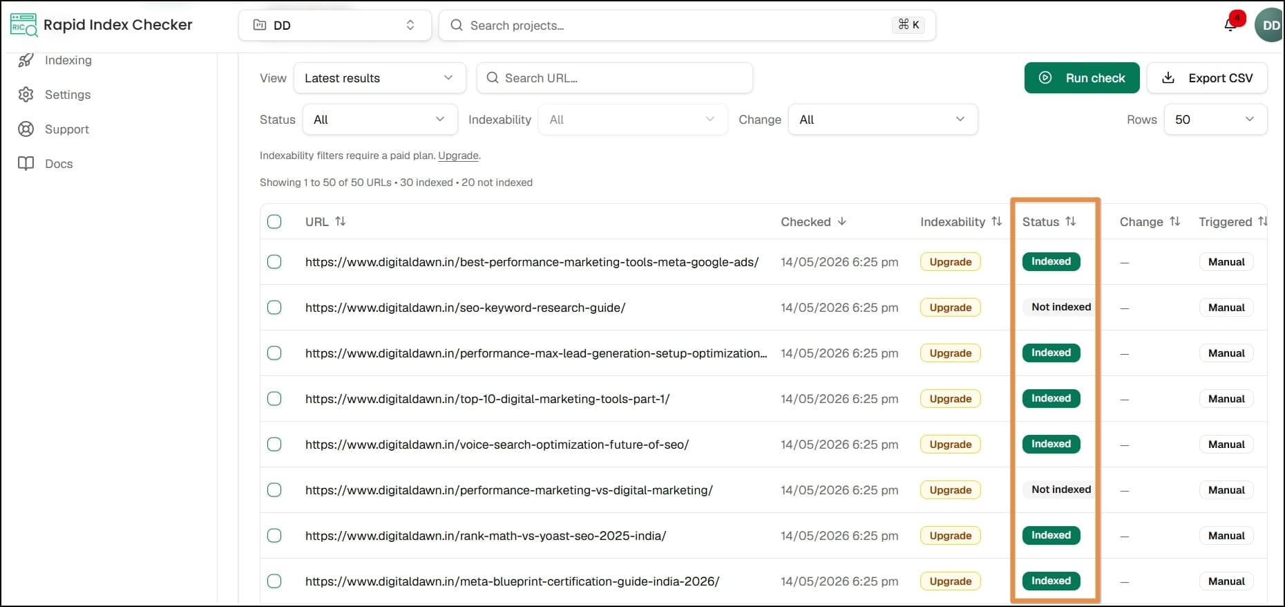 pages indexing status check